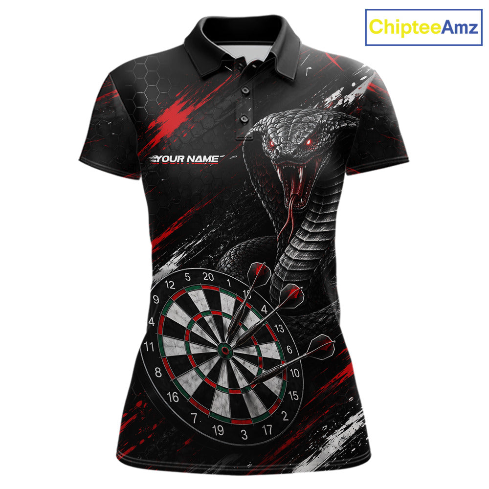 Black Red Cobra Women's Darts Polo Shirt Mockup, Custom Cobra Dart Tournament Jersey, Personalized League Apparel