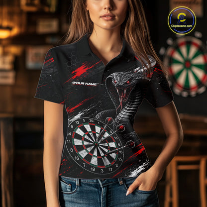 Female model wearing Black Red Cobra Women's Dart Polo, Custom League Apparel