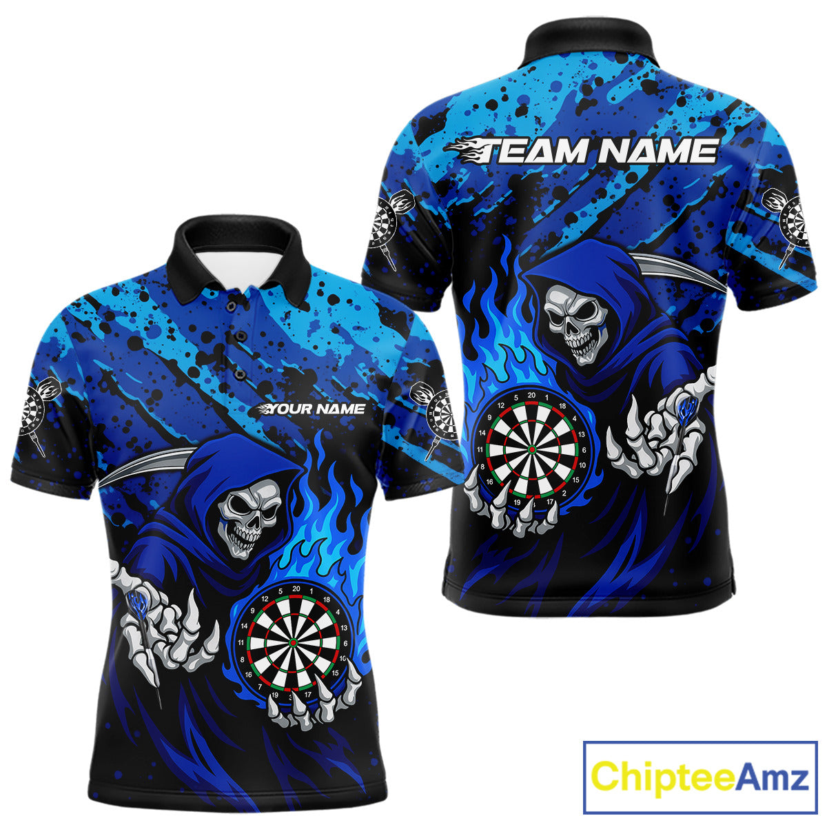 Custom Grim Reaper Blue Flames Dartboard Dart Men Polo Shirt Splatter Grunge Dart Jerseys NYN1631