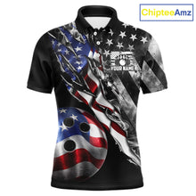 Load image into Gallery viewer, Personalized Smoke US Flag men's bowling polo shirt custom patriotic bowling team uniform, personalized bowling jersey, men's bowling league apparel, tournament bowling shirt