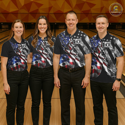 Men women bowling team wearing personalized Smoke US Flag patriotic bowling uniforms, custom bowling team jerseys for league and tournament play