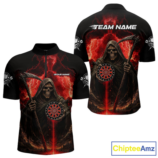 Custom Lightning Red Grim Reaper Dartboard Dart 1/4-Zip Shirt For Men Dart Team Jerseys NYN1418
