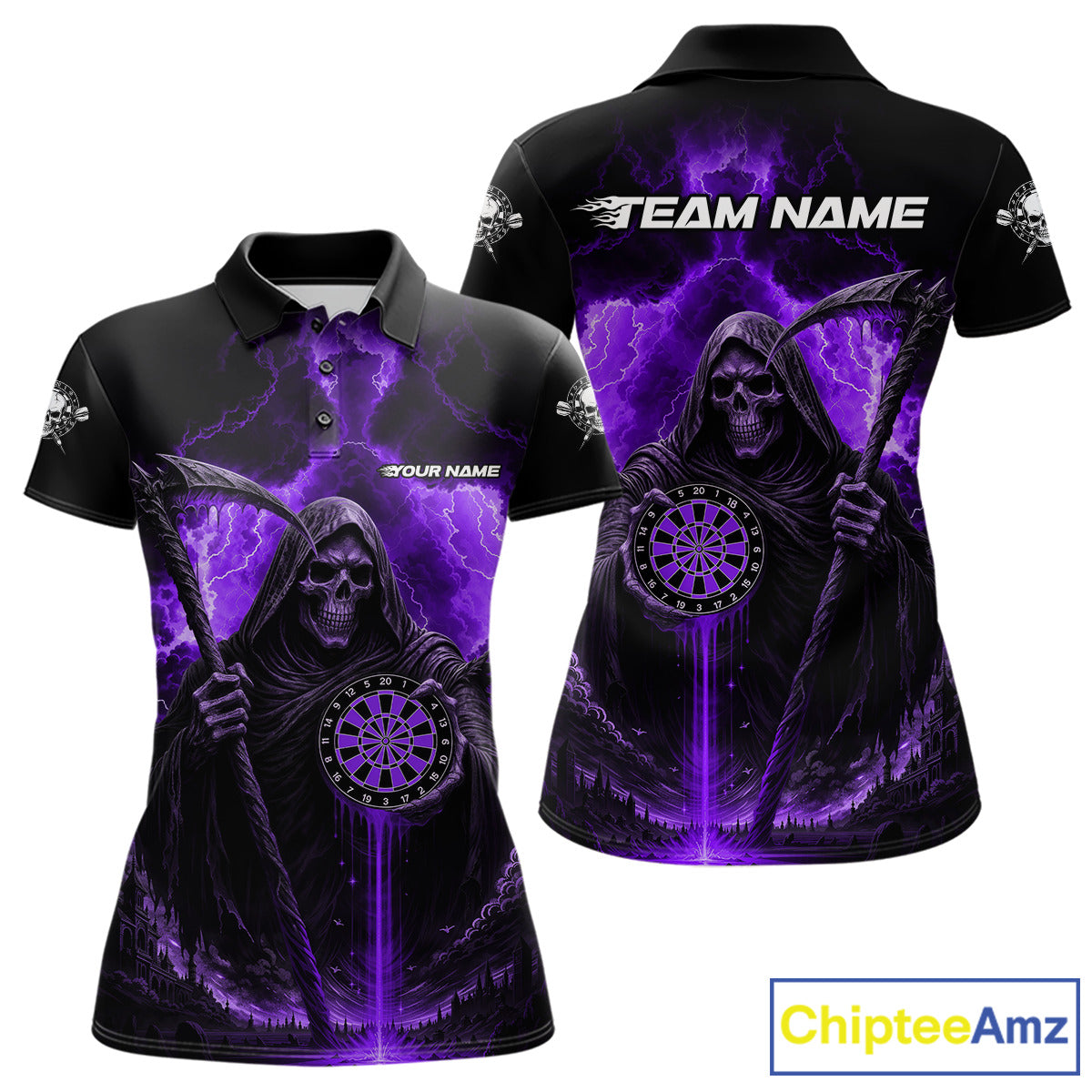 Custom Lightning Purple Grim Reaper Dartboard Dart Polo Shirt For Women Dart Team Jerseys NYN1420
