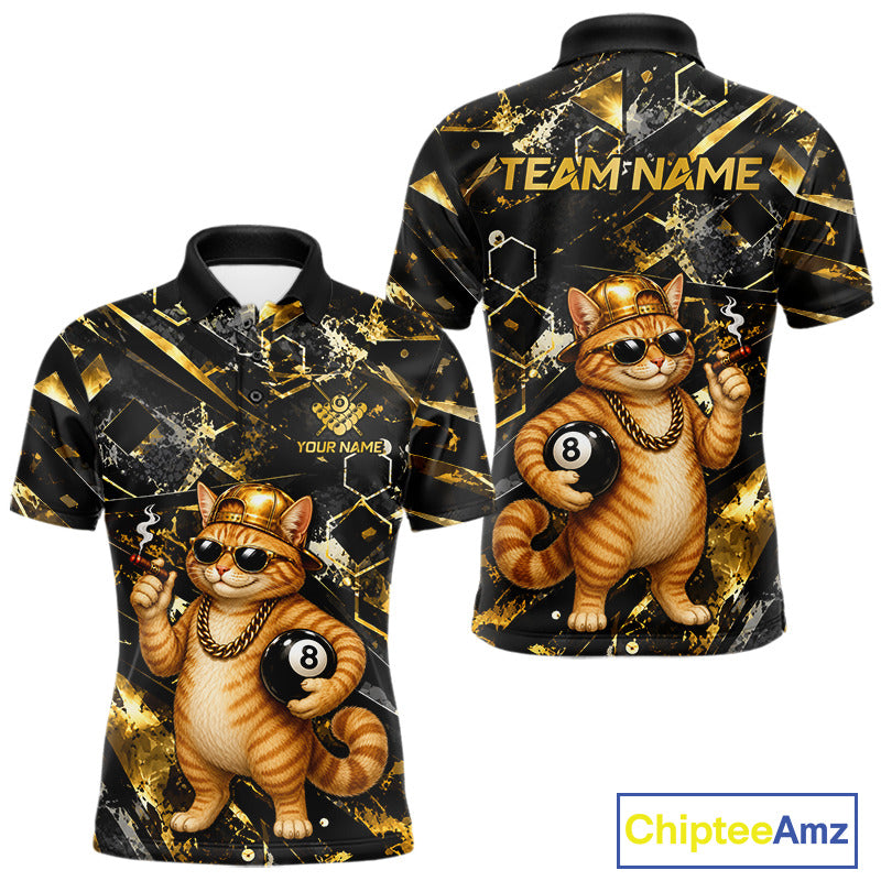 Funny Rich Cat Billiard Polo featuring rich cat artwork, personalized player name, custom billiards team shirt, moisture-wicking athletic polo, luxury-inspired sportswear, tournament-ready pool apparel, funny mascot design.