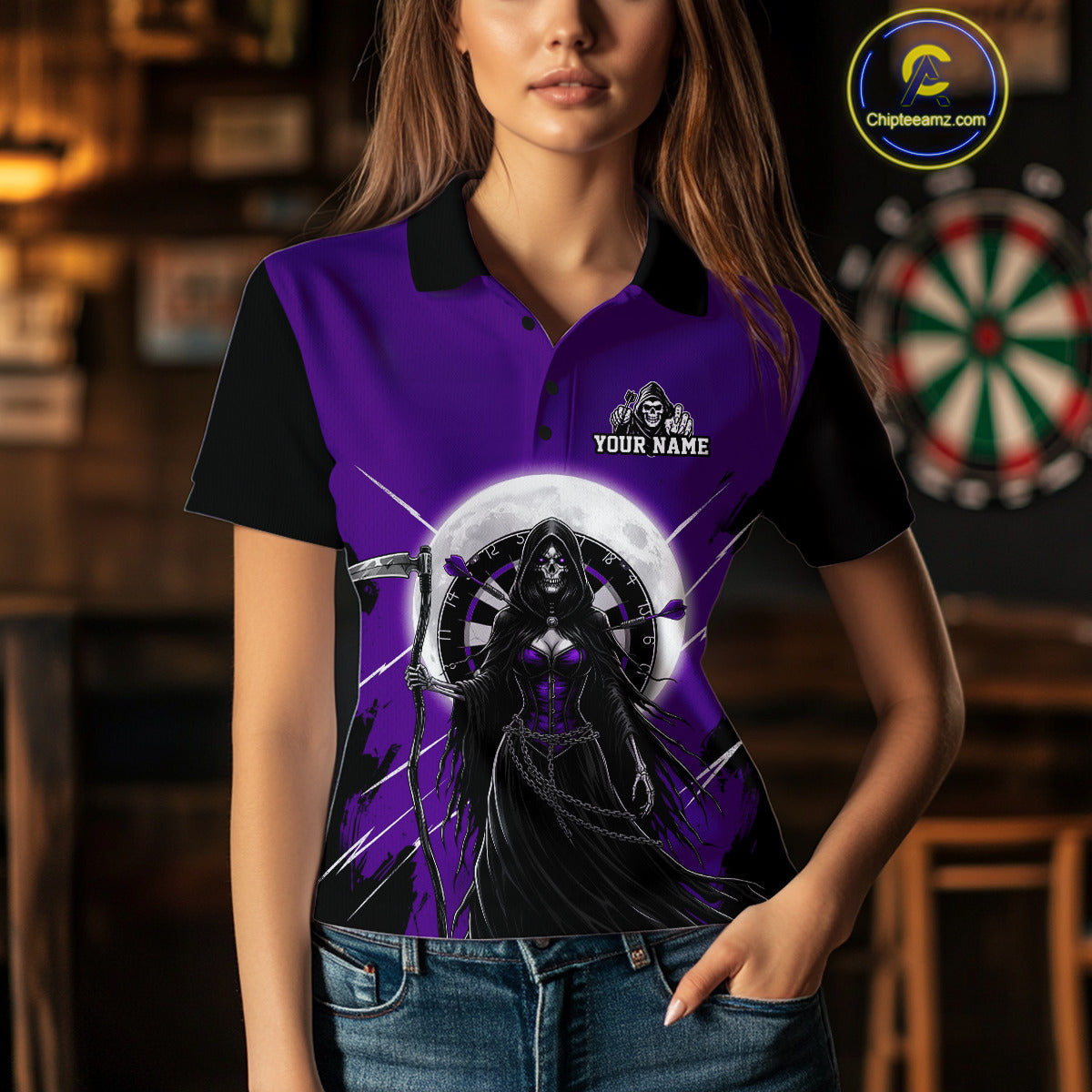 Black And Purple Grim Reaper Moon Dartboard Custom Women Darts Quarter-Zip Shirt Gothic Dart Jerseys NYN1949