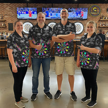 Load image into Gallery viewer, Men women darts team wearing Grey Skull Pattern Colorful Strike personalized team uniforms, custom dart league jerseys