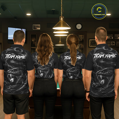 Men women billiard team wearing Grey Smokes Cobra custom 8 ball pool uniforms, professional pool league jerseys for tournament play