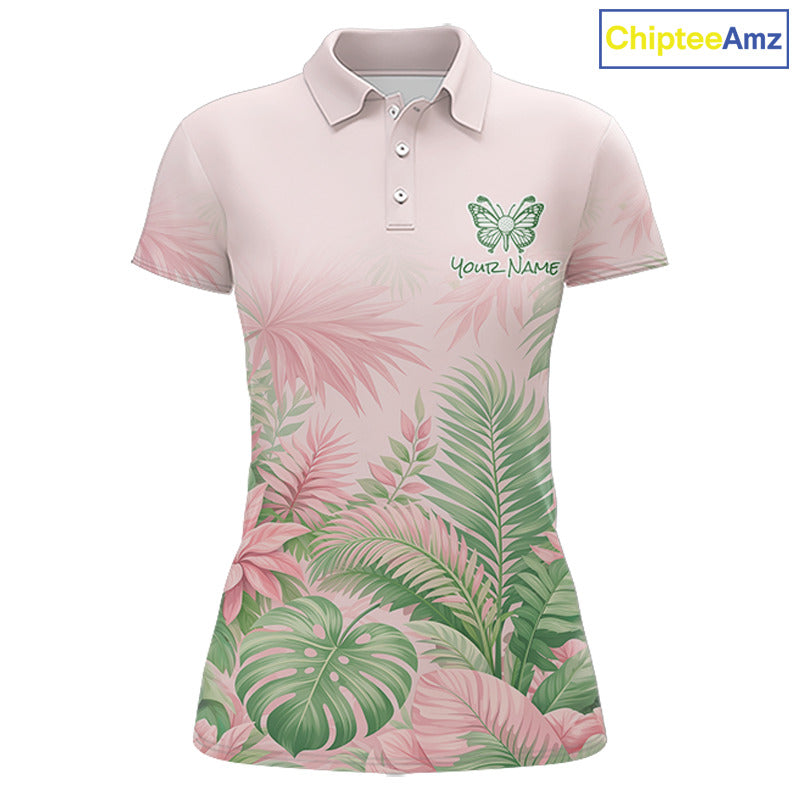 Personalized Green And Pink Tropical Pattern Custom Golf Polo Shirt For Women Golf Team Clothes NYN2864
