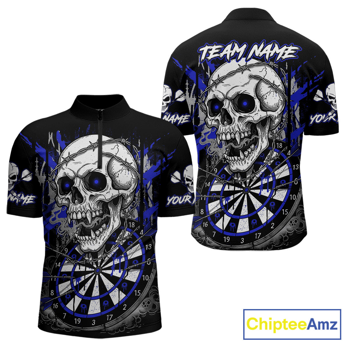 Custom Blue Grey Skull Barbed Wire Dartboard Grunge Darts Quarter-Zip Shirt For Men Dart Gifts NYN1970