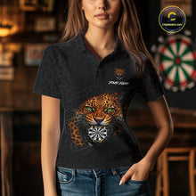 Load image into Gallery viewer, Female darts player wearing Funny Tiger scratch dartboard jersey during competitive darts tournament