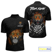 Load image into Gallery viewer, Leopard Pattern Funny Tiger men's quarter zip darts shirt, custom dart team jersey, scratch dartboard uniform, league darts apparel