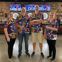 Load image into Gallery viewer, Men women darts team wearing Graffiti Strike Dartboard custom uniforms, colorful tournament dart jerseys