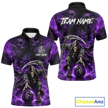 Black & Purple Flame Grim Reaper Bowling Polo featuring custom player name, skull artwork, gothic bowling apparel, custom tournament jersey, heavy metal style sportswear, fearless competition theme.