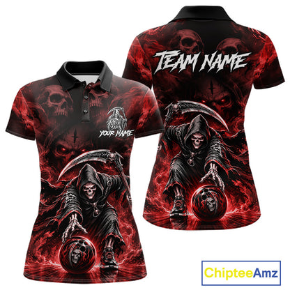 Black & Red Flame Grim Reaper Bowling Polo featuring fiery skull artwork, personalized bowling team jersey, breathable performance polo, gothic sportswear, biker style, custom tournament apparel, flame graphics.