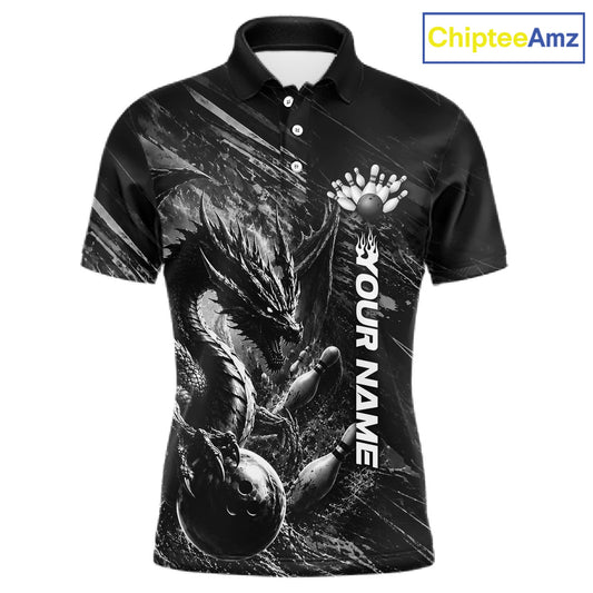 Black and White Grunge Dragon men's bowling polo shirt, personalized bowling ball and pins jersey, custom team apparel
