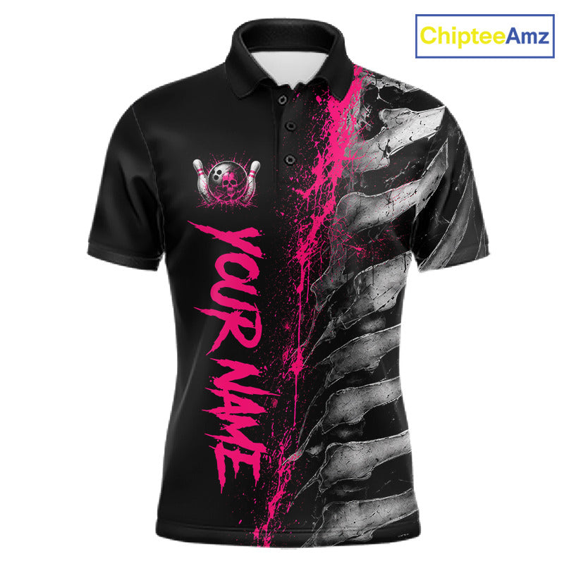 Pink Splatter Grey Bone Men's Bowling Polo Shirt, Personalized Bowling Team Jersey, Skeleton Performance Shirt, Pink Splatter Tournament Apparel, Athletic League Uniform