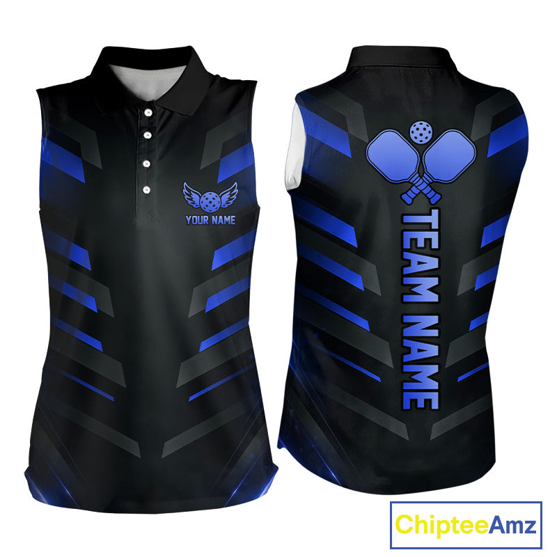Custom Blue & Black Lightning Women's Pickleball Sleeveless Polo, Personalized Tournament Polo, Paddle League Apparel, Athletic Performance Shirt, Precision, Focus & Competitive Spirit