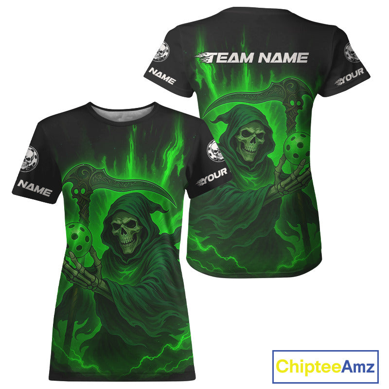 Custom Green The Grim Reaper Flames Pickleball Ball T-Shirt For Women Pickleball Team Jersey NYN1483