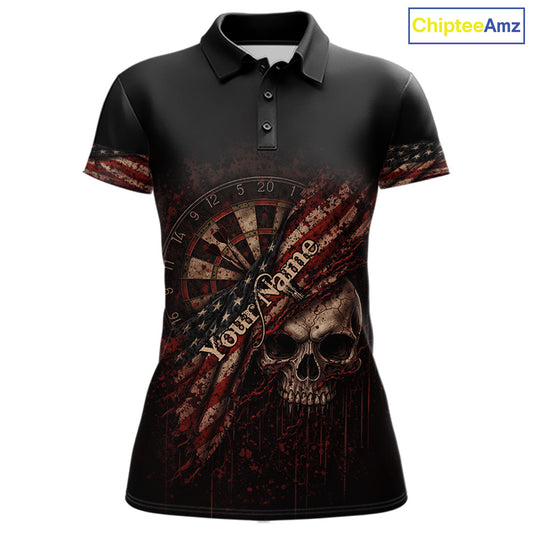 Red Grunge Retro American Flag Dartboard Women Dart Polo Shirt Custom Skull Dart Team Jerseys NYN2542