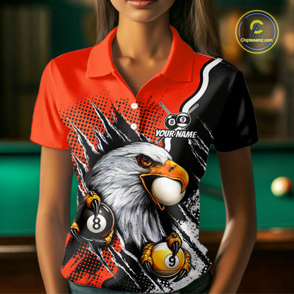 Black And Orange Claws 8 Ball & 9 Ball Women Polo Shirts Custom Eagle Billiard Team Apparel NYN3296