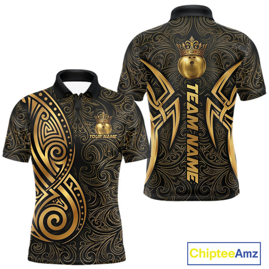 Black And Gold Crown Bowling Ball Polo & 1/4-Zip Shirts For Men Custom Tribal Bowling Team Jerseys NYN3124