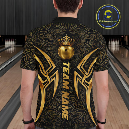 Black And Gold Crown Bowling Ball Polo & 1/4-Zip Shirts For Men Custom Tribal Bowling Team Jerseys NYN3124