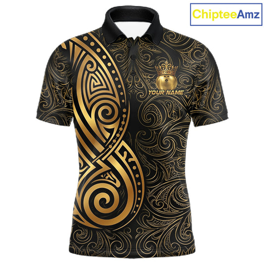 Black And Gold Crown Bowling Ball Polo & 1/4-Zip Shirts For Men Custom Tribal Bowling Team Jerseys NYN3124