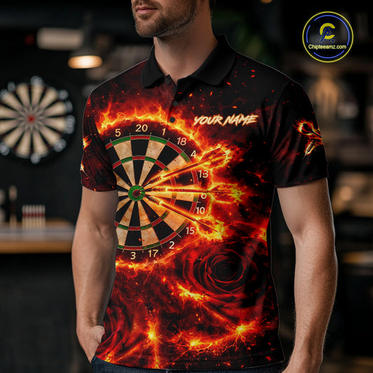 Red Flaming Roses Dartboard & Arrow Custom Men Darts Polo Shirts Fire Flame Dart Jerseys NYN2264
