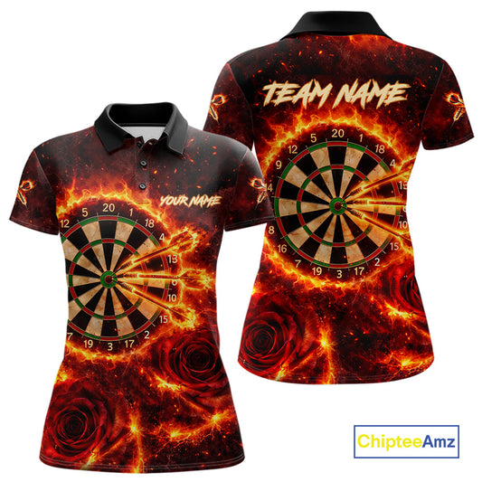 Red Flaming Roses Dartboard & Arrow Custom Women Darts Polo Shirts Fire Flame Dart Jerseys NYN2264