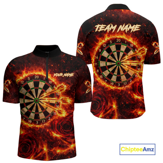 Red Flaming Roses Dartboard & Arrow Custom Men Darts Quarter-Zip Shirts Fire Flame Dart Jerseys NYN2264