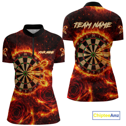 Red Flaming Roses Dartboard & Arrow Custom Women Darts Quarter-Zip Shirts Fire Flame Dart Jerseys NYN2264