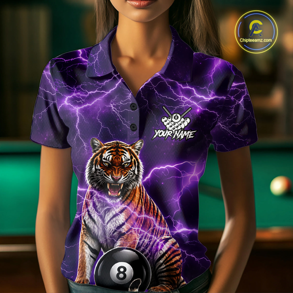Thunder Purple Funny Tiger 8 Ball Billiard Pool Shirt For Women Custom Billiard Team Attire NYN3140