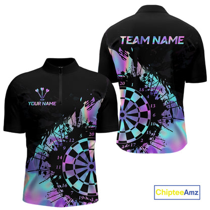 Purple Holographic Dartboard Grunge Dart Quarter-Zip  Shirts For Men Custom Name For Darters NYN2282