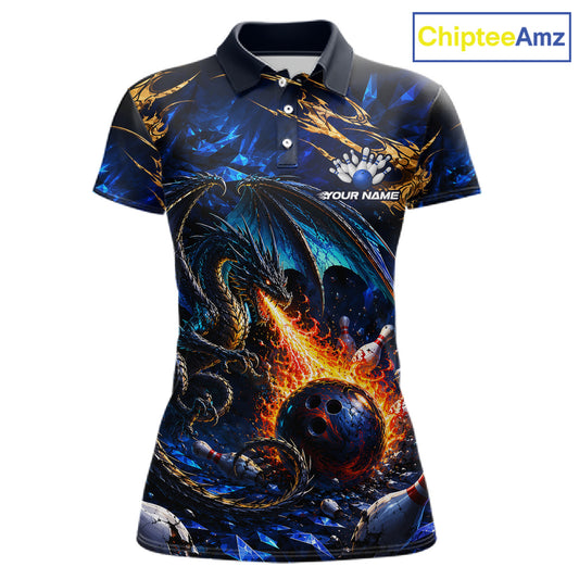 Blue And Gold Dragon Bowling Shirt For Women Custom Fire Flame Polo 1/4-Zip Bowling Team Jersey NYN3644