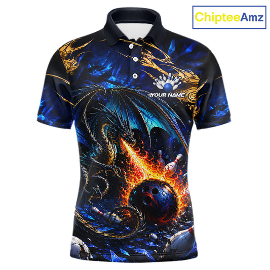 Blue And Gold Dragon Bowling Shirt For Men Custom Fire Flame Polo 1/4-Zip Bowling Team Jersey NYN3644