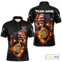 Load image into Gallery viewer, Personalized US Flag Skull Fire Flame Dartboard Men Darts Polo Shirt Custom Darts Team Jersey NYN2585