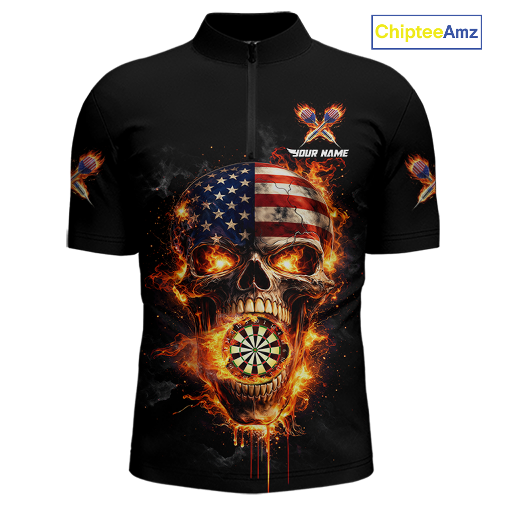 Personalized US Flag Skull Fire Flame Dartboard Men Darts 1/4-Zip Shirt Custom Darts Team Jersey NYN2585