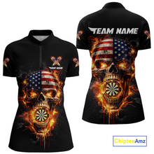 Load image into Gallery viewer, Personalized US Flag Skull Fire Flame Dartboard Women Darts 1/4-Zip Shirt Custom Darts Team Jersey NYN2585