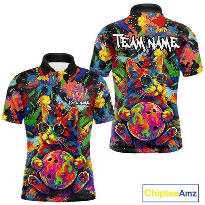 Funny Cat Colorful Paint Bowling Team Jerseys For Men Custom Splatter Bowling Polo 1/4-Zip Shirt NYN3167