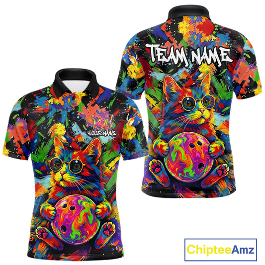 Funny Cat Colorful Paint Bowling Team Jerseys For Men Custom Splatter Bowling Polo 1/4-Zip Shirt NYN3167
