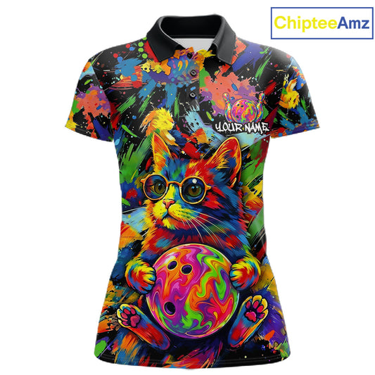 Funny Cat Colorful Paint Bowling Team Jerseys For Women Custom Splatter Bowling Polo 1/4-Zip Shirt NYN3167