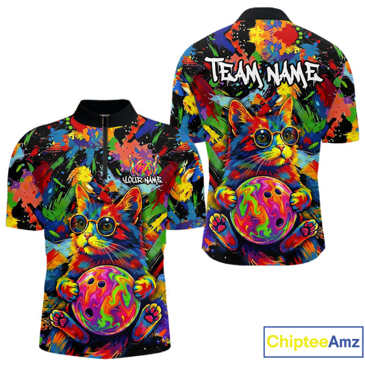 Funny Cat Colorful Paint Bowling Team Jerseys For Men Custom Splatter Bowling Polo 1/4-Zip Shirt NYN3167