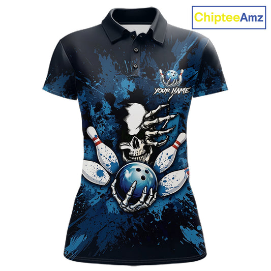 Blue Skelton Torn Bowling Ball & Pin Jerseys For Women Custom Splatter Paint Bowling Team Attire NYN3171