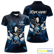 Load image into Gallery viewer, Blue Skelton Torn Bowling Ball &amp; Pin Jerseys For Women Custom Splatter Paint Bowling Team Attire NYN3171