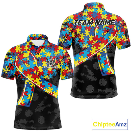Personalized Colorful Autism Awareness Ribbon Bowling Shirt For Men Bowling Puzzles Team Jersey NYN3173