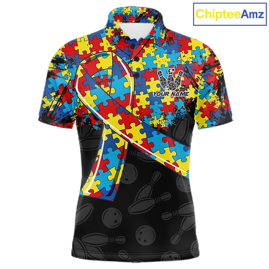 Personalized Colorful Autism Awareness Ribbon Bowling Shirt For Men Bowling Puzzles Team Jersey NYN3173
