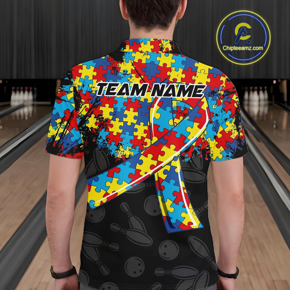 Personalized Colorful Autism Awareness Ribbon Bowling Shirt For Men Bowling Puzzles Team Jersey NYN3173