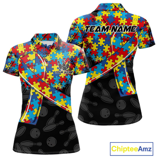 Personalized Colorful Autism Awareness Ribbon Bowling Shirt For Women Bowling Puzzles Team Jersey NYN3173