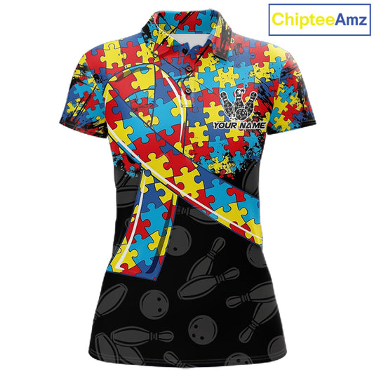 Personalized Colorful Autism Awareness Ribbon Bowling Shirt For Women Bowling Puzzles Team Jersey NYN3173