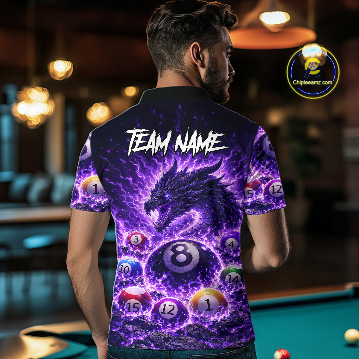 Purple Flaming Funny Dragon Pool 8 Ball Billiard Shirt For Men Custom Ball Billiard Team Attire NYN2611
